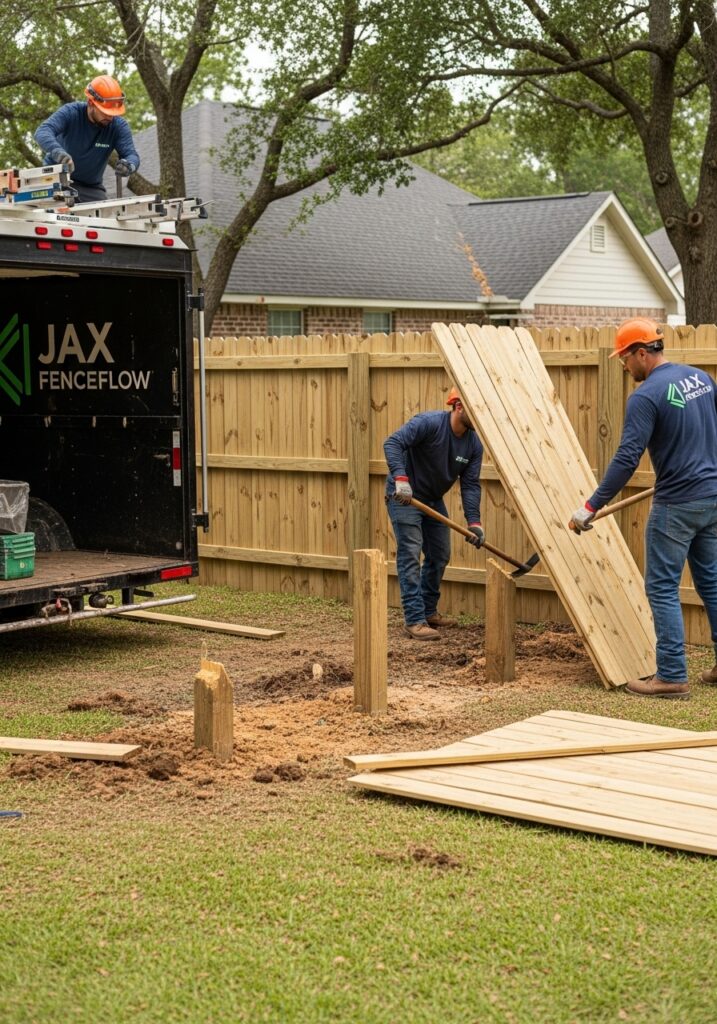 Jax FenceFlow team professionally removing an old wooden fence in a backyard. Workers are wearing safety gear, dismantling posts and panels, and hauling debris, leaving the yard clean and ready for a new fence. Stress-free, organized fence removal service.