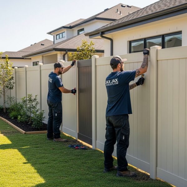 “Two Jax Fenceflow crew members in uniforms installing a vinyl and composite fence in a suburban backyard, showing professional workmanship and partially completed panels in a sunlit, landscaped setting.”