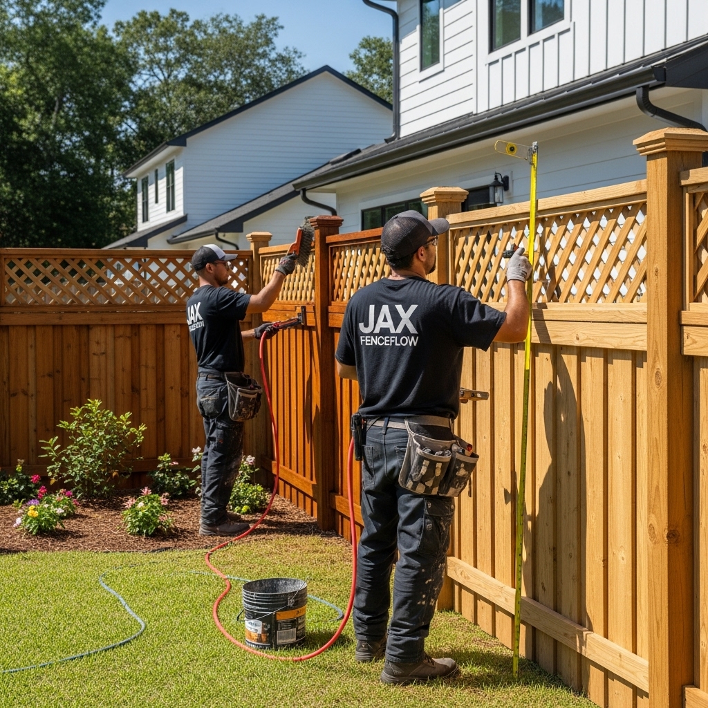 “Two Jax Fenceflow crew members in uniforms installing or painting a wooden picket and lattice fence in a sunny residential backyard, showing precise craftsmanship and freshly finished sections.”