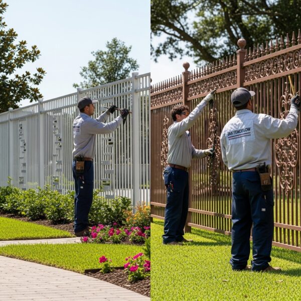 “Two Jax Fenceflow crew members in uniforms inspecting and adjusting a property’s fencing, showing modern metal fencing with clean lines next to traditional wrought-iron fencing with ornate details in a landscaped, sunlit yard.”