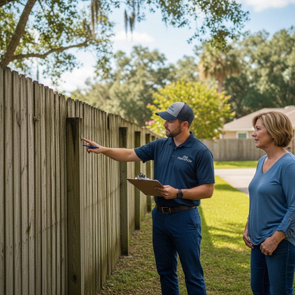 Jax FenceFlow inspector examining an old wooden fence in a Jacksonville backyard, taking notes on a clipboard while explaining the fence replacement estimate to the homeowner.