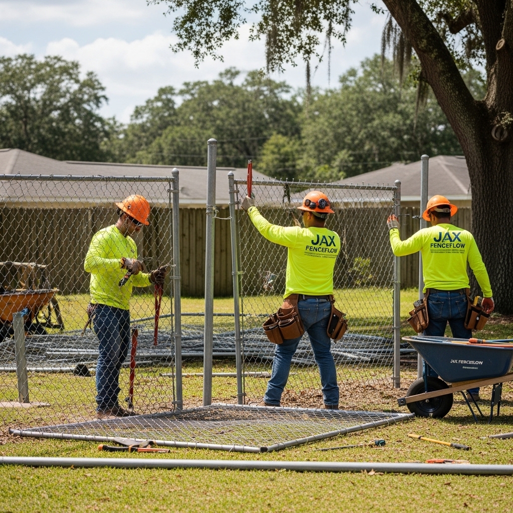 Jax FenceFlow workers removing an old chain-link fence in a Jacksonville backyard, using tools and safety gear, preparing for fence replacement.