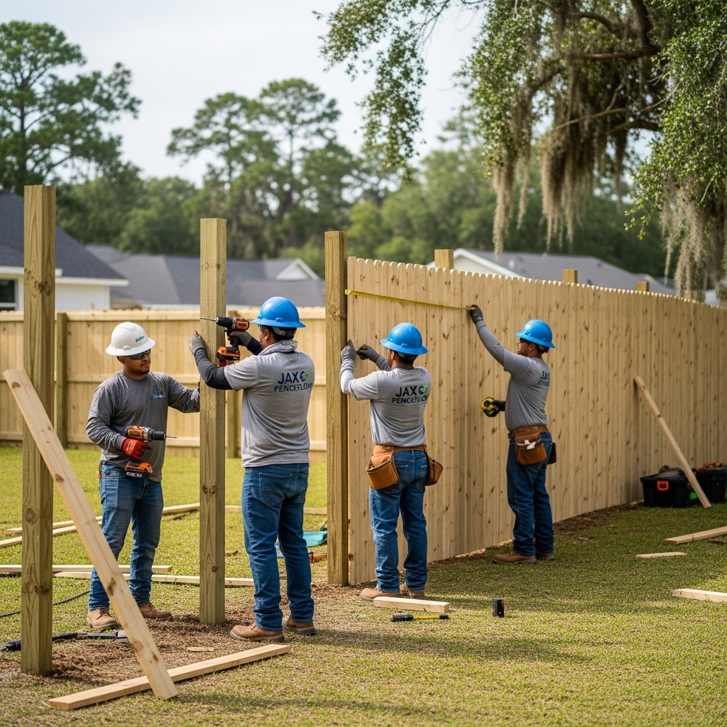 Jax FenceFlow professionals installing a new wooden fence in a Jacksonville backyard, wearing safety gear and using tools to complete the fence installation.
