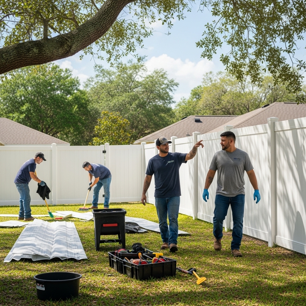 Jax FenceFlow team cleaning up a backyard after fence installation while walking through the finished fence with the homeowner in Jacksonville, FL.