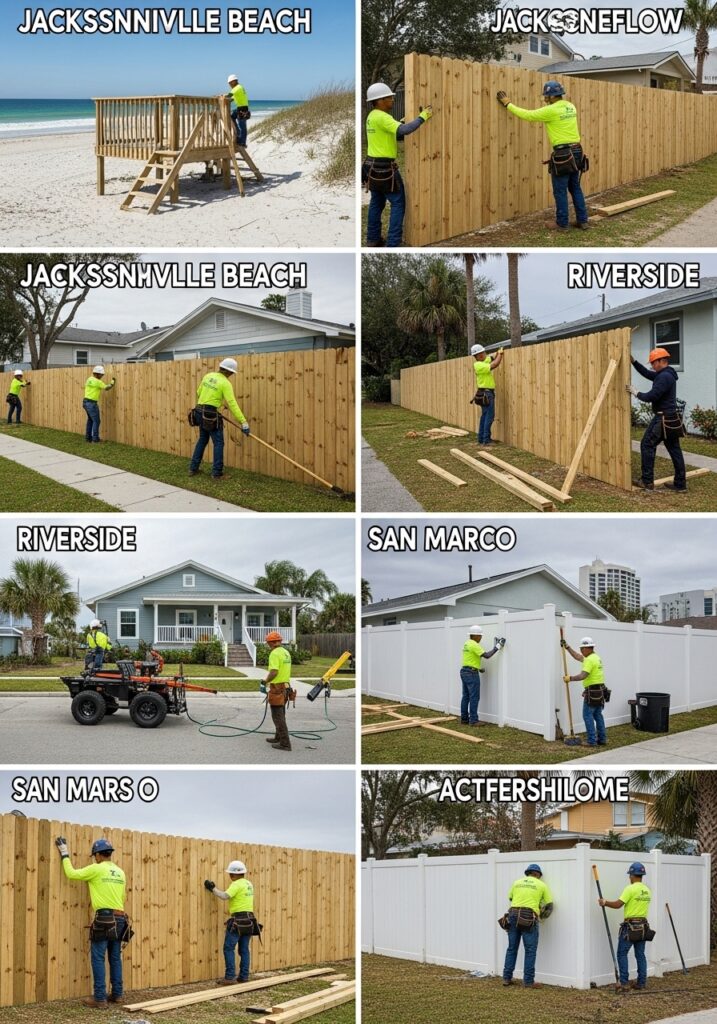 Jax FenceFlow crew replacing fences across different Jacksonville neighborhoods, including beachside and suburban homes, showing fence removal, installation, and cleanup.