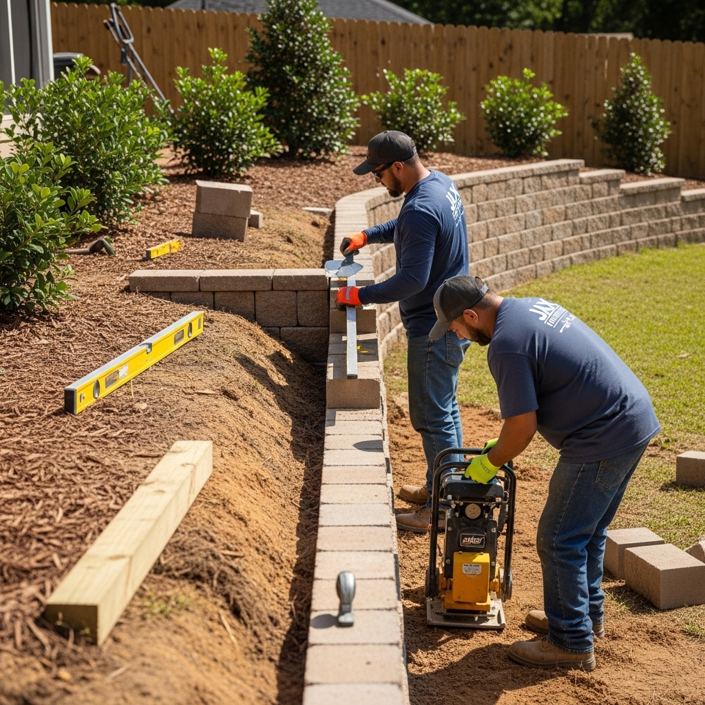 “Two Jax Fenceflow crew members in uniform installing a retaining wall in a Jacksonville backyard, using professional tools to place blocks, stones, timber, or bricks, showing precise craftsmanship and a neat, landscaped yard.”