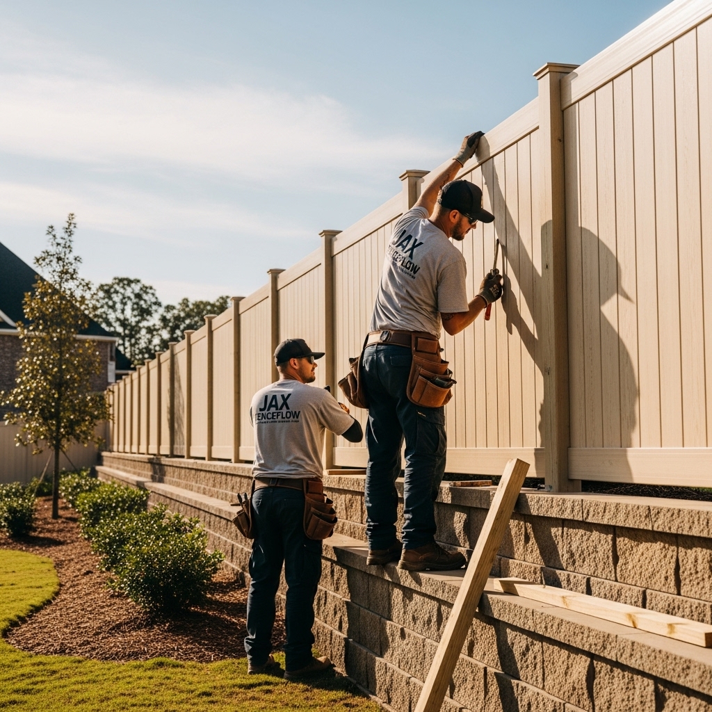 “Two Jax Fenceflow crew members in uniforms installing a wood, vinyl, aluminum, or decorative fence on top of a retaining wall, showing secure, precise, and professional workmanship in a landscaped property setting.”