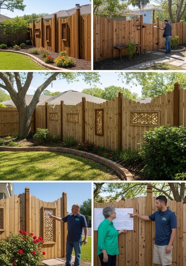 Homeowner reviewing a custom fence design with a Jax FenceFlow professional in a Jacksonville backyard, showcasing a unique, high-quality wooden fence.