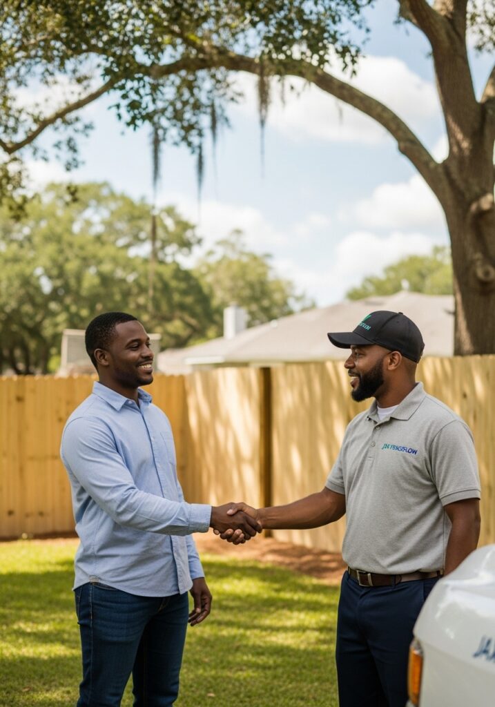 Jacksonville homeowner shaking hands with a Jax FenceFlow professional in front of a newly installed fence, showing trust and satisfaction with their service.