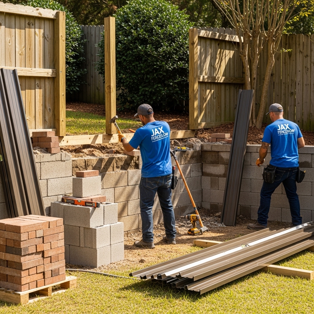 “Two Jax Fenceflow crew members in uniform repairing and replacing a damaged fence and retaining wall combo in a residential backyard, using professional tools and high-quality materials to restore safety and appearance.”