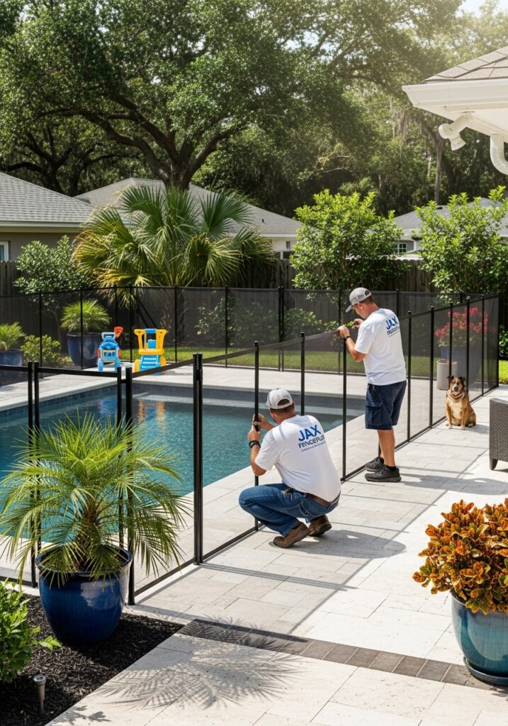 “Two Jax Fenceflow crew members in uniforms installing a durable pool safety fence around a backyard swimming pool in Jacksonville, Florida, showing a secure, stylish barrier with children’s toys and a pet safely outside the fence.”