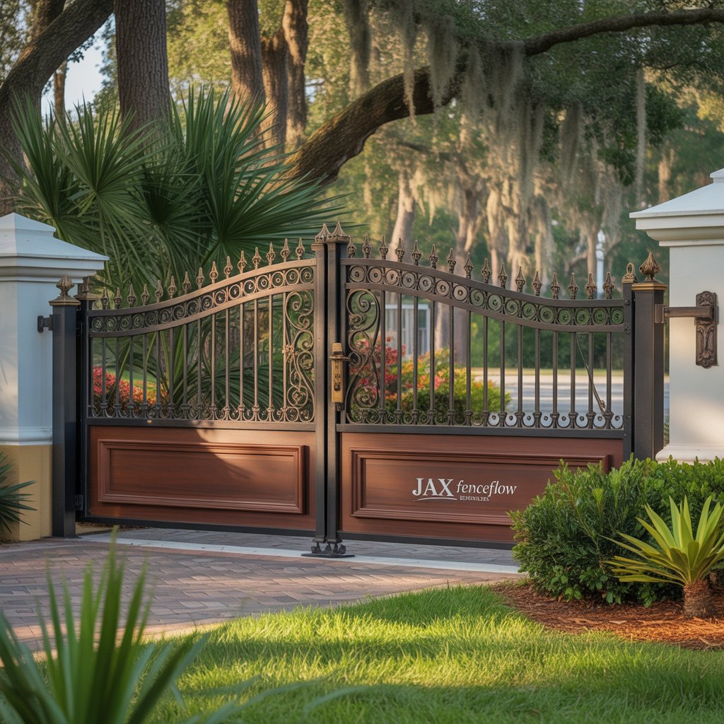 Custom gate and matching fence installed by Jax FenceFlow in a Jacksonville backyard, featuring decorative ironwork, post caps, and detailed craftsmanship