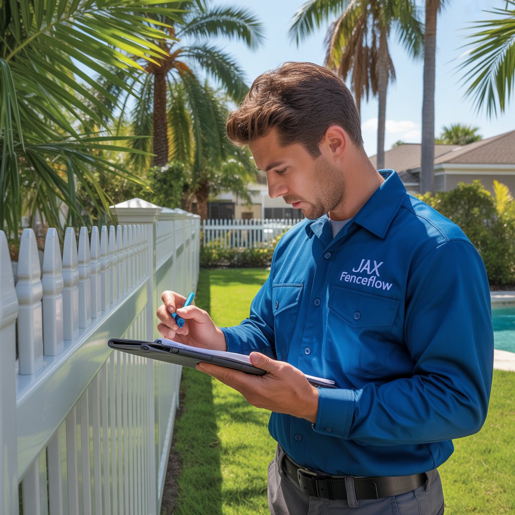 “Jax Fenceflow technician inspecting a vinyl fence in a sunny Jacksonville backyard while documenting notes on a tablet, showing a clear and professional inspection process.”