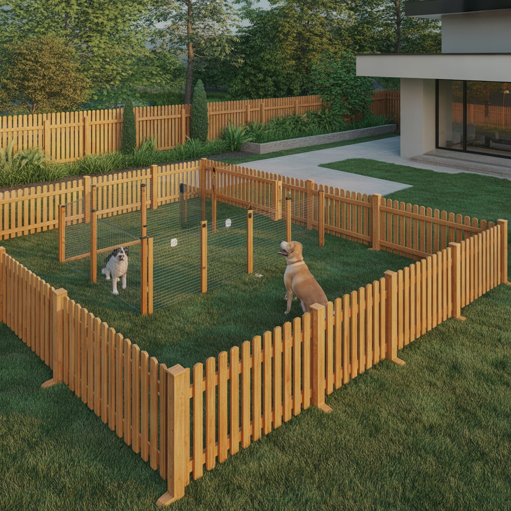 “Backyard with custom pet fencing solutions including a wooden enclosure, portable dog fence, and invisible fence markers, with a dog safely inside the yard in a bright, landscaped setting.”