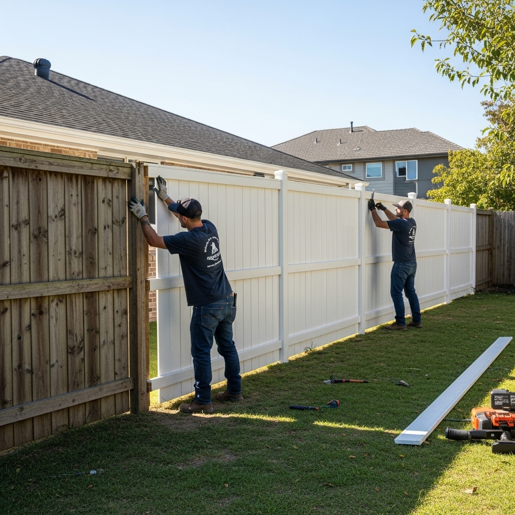 “Fence replacement project showing old, damaged fencing being removed and a new fence installed at a residential property, highlighting a clear before-and-after transformation and professional workmanship.”