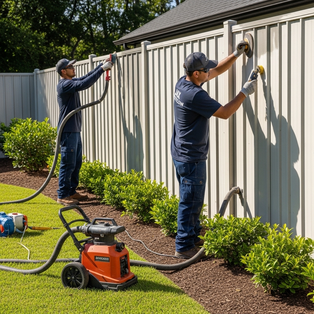 “Two Jax Fenceflow crew members in uniforms performing maintenance on an aluminum fence in a sunny backyard, applying protective coating and inspecting panels to show professional, high-quality care.”