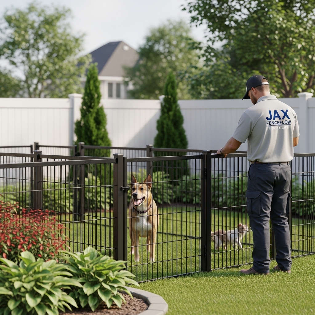 “A backyard with a durable pet and animal fence installed, a dog playing safely inside, and a Jax Fenceflow crew member in uniform inspecting the fence, showing secure and professional installation.”