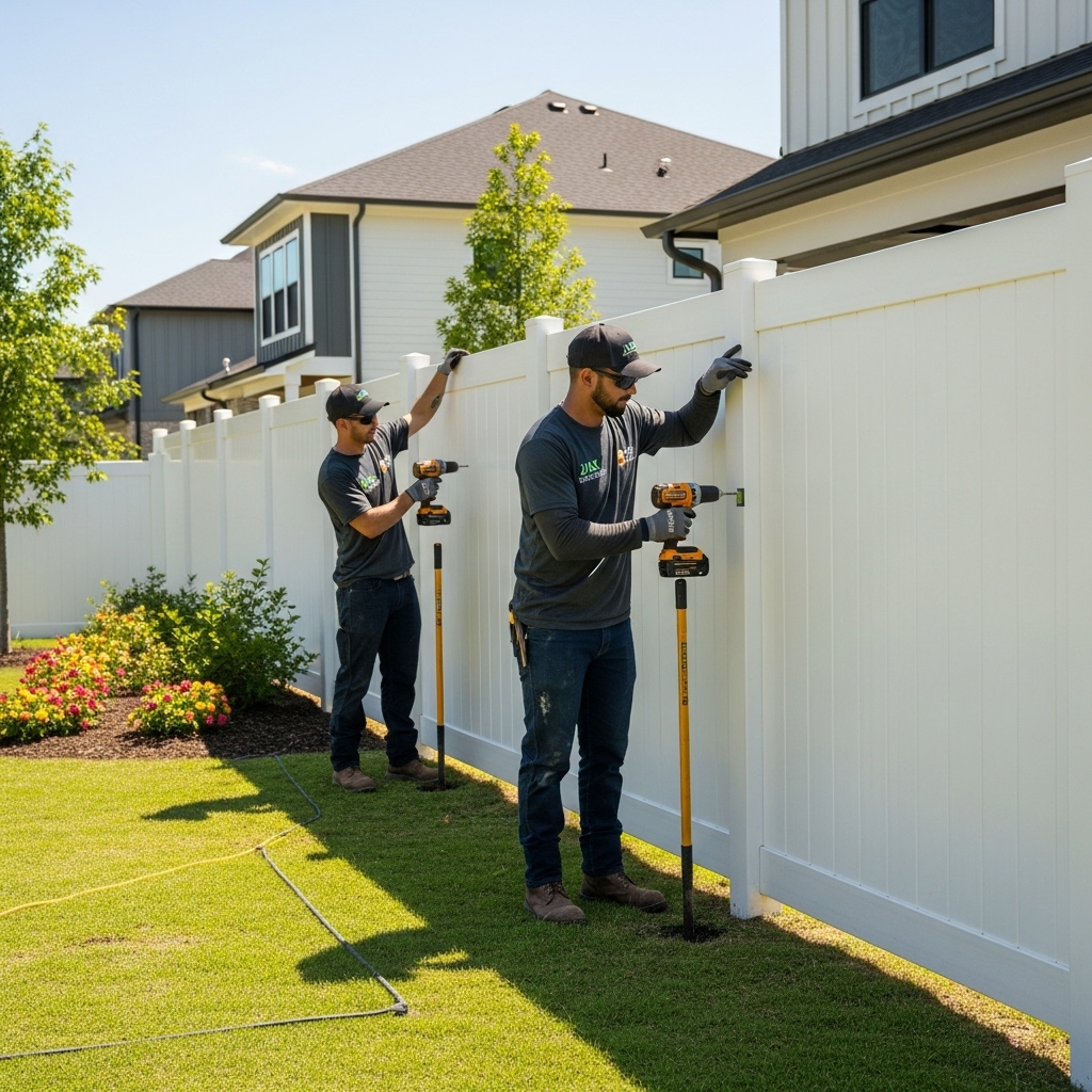 “Two Jax Fenceflow crew members in uniforms installing a tall white vinyl privacy fence in a residential backyard, showing professional workmanship, precision, and a secure, private space.”