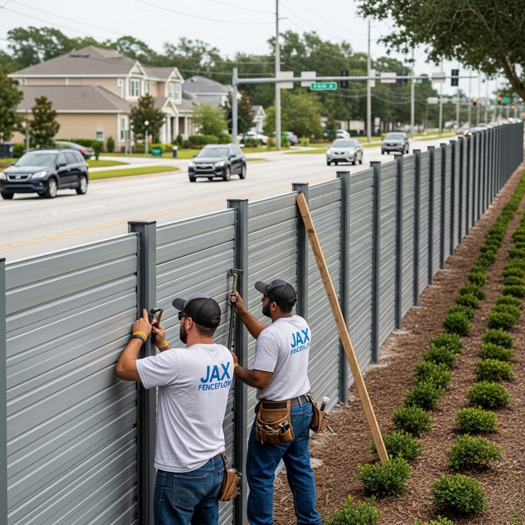 “Two Jax Fenceflow crew members in uniforms installing a tall sound barrier fence along a busy street, showing durable panels, precise installation, and professional craftsmanship in an urban Jacksonville setting.”