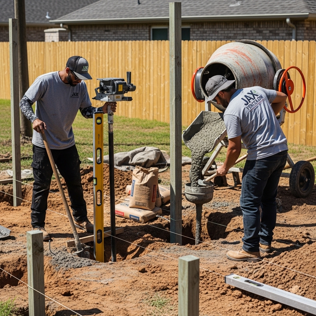 “Two Jax Fenceflow crew members in uniforms setting fence posts and pouring concrete at a residential property, showing precise alignment, professional tools, and high-quality craftsmanship.”
