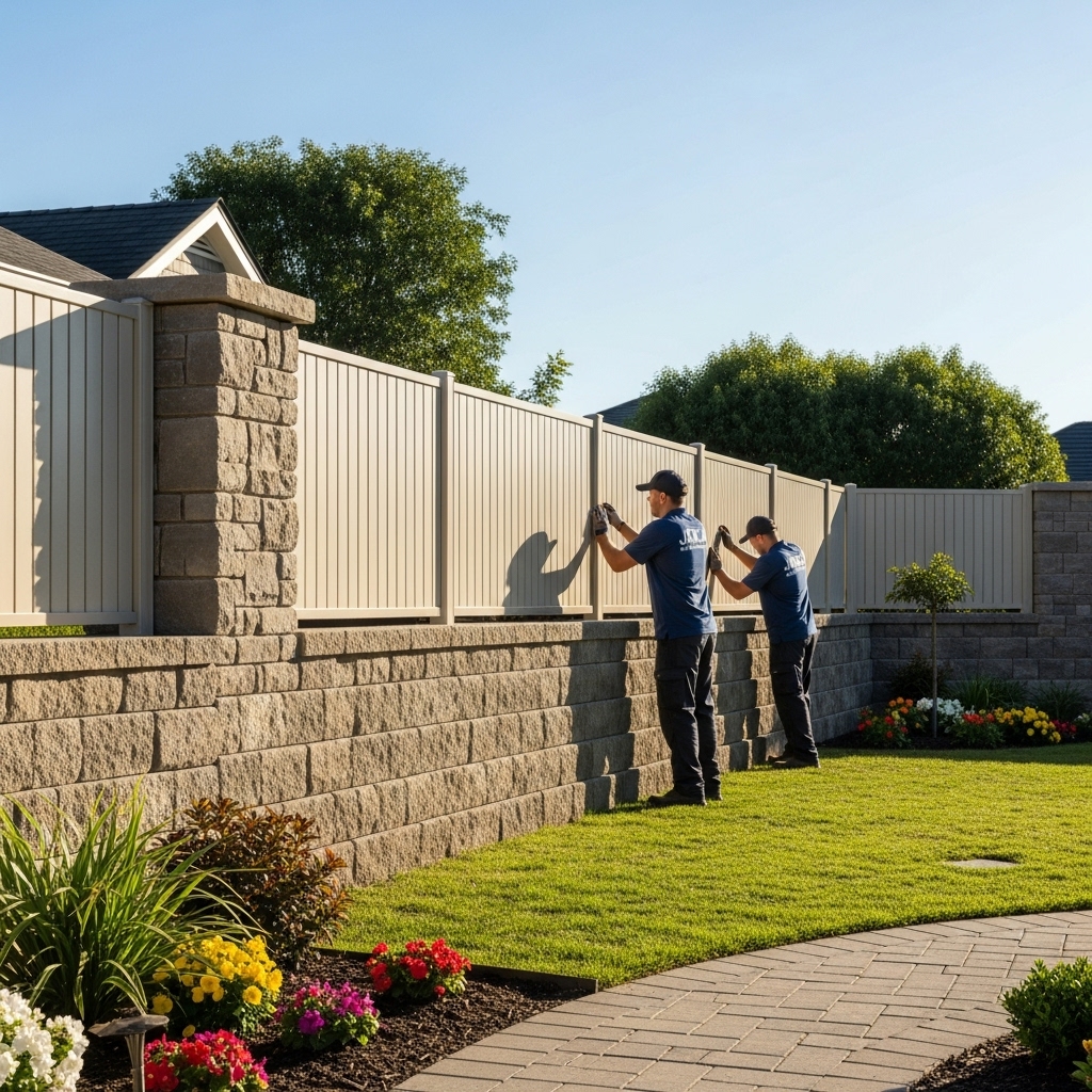 “Two Jax Fenceflow crew members in uniforms installing a decorative fence on top of a stone retaining wall at a residential property, showcasing precise craftsmanship and landscaped surroundings.”