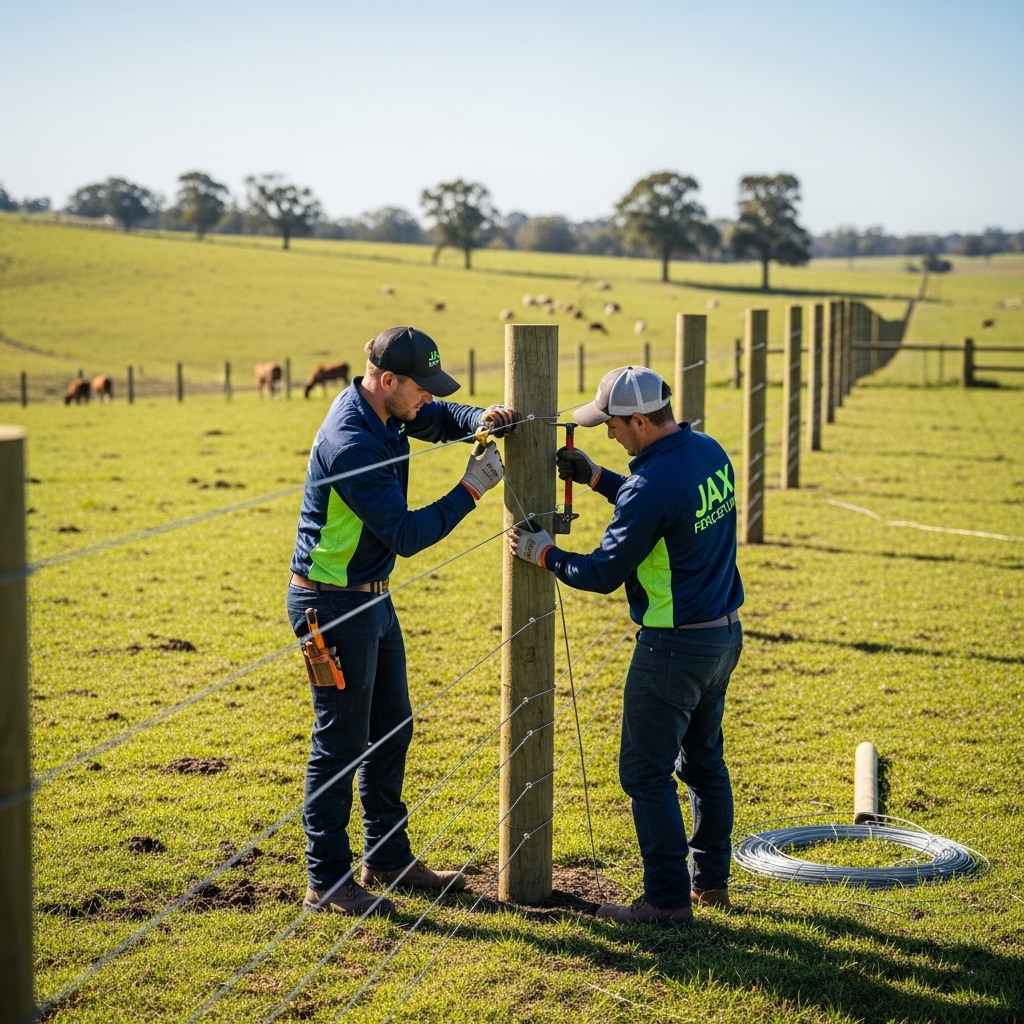 “Two Jax Fenceflow crew members in uniforms installing a sturdy pasture fence on a sunny rural property, with rolling green fields, grazing animals, and a partially completed fence line.”