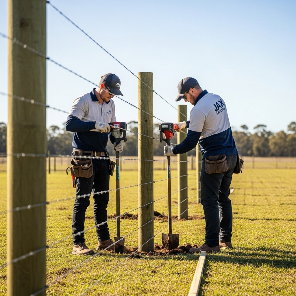 “Two Jax Fenceflow crew members in uniforms installing a field fence on a sunny open property, using professional tools to set posts and stretch wire, showing durable and precise workmanship.”