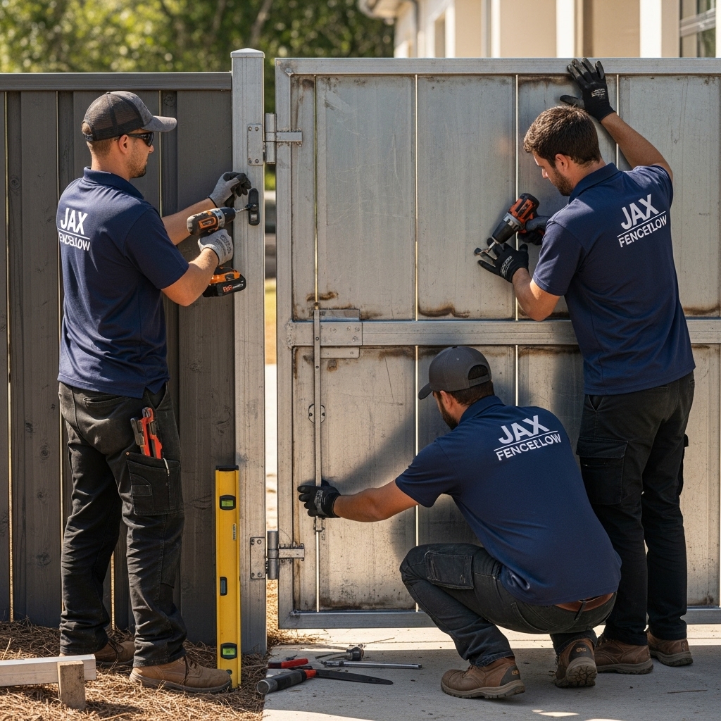 “Two Jax Fenceflow crew members in uniforms installing a sturdy welded metal fence gate at a residential or commercial property, showing precise craftsmanship and professional tools.”