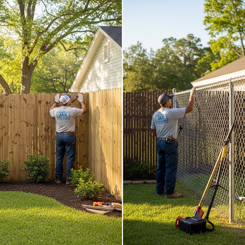 “Side-by-side comparison of a wood fence and a chain link fence in a Jacksonville backyard, with two Jax Fenceflow crew members in uniforms inspecting the fences, highlighting maintenance needs versus durability.”