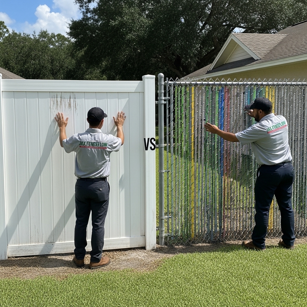 “Two Jax Fenceflow crew members in uniforms inspecting a vinyl fence showing sun damage and a durable chain link fence with privacy slats, highlighting differences in durability and maintenance in a sunny Florida setting.”