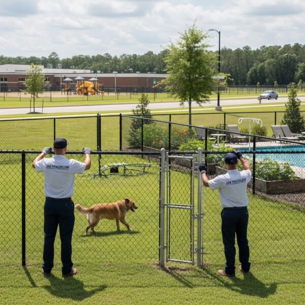 “Two Jax Fenceflow crew members in uniforms inspecting a durable chain link fence enclosing a backyard with a dog, showing professional installation and secure boundaries for pets, homes, and commercial properties.”