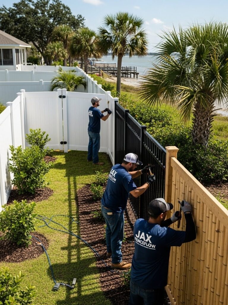 “Jax Fenceflow crew members in uniforms installing durable vinyl, PVC, aluminum, steel, wrought iron, glass, and bamboo fences in Jacksonville, Florida, showcasing fences built to withstand coastal weather and storms.”