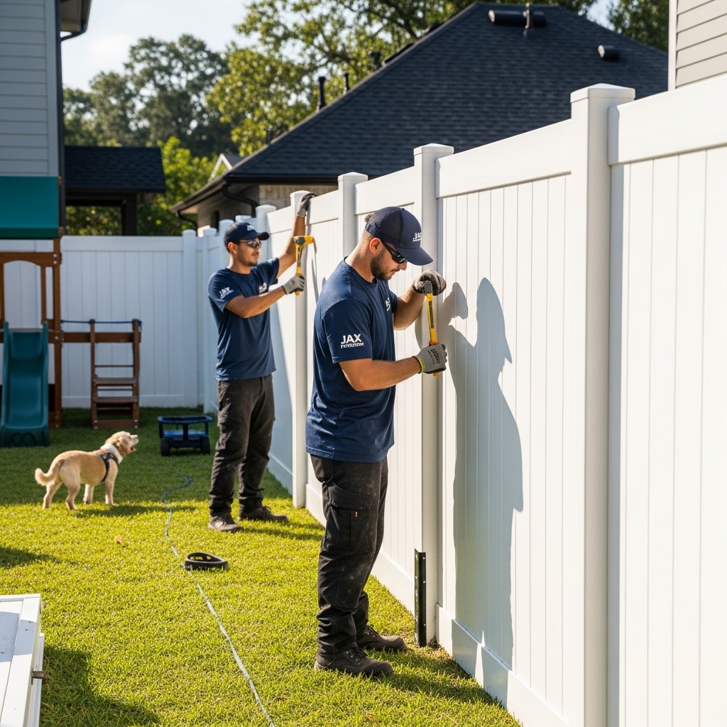 “Two Jax Fenceflow crew members in uniforms installing a durable white vinyl/PVC fence in a residential backyard, highlighting child-safe and pet-friendly features with professional craftsmanship.”