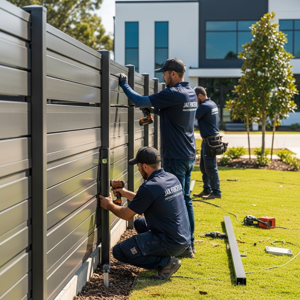 “Two Jax Fenceflow crew members in uniforms installing a modern aluminum and steel fence at a residential or commercial property, highlighting strength, sleek design, and professional craftsmanship.”