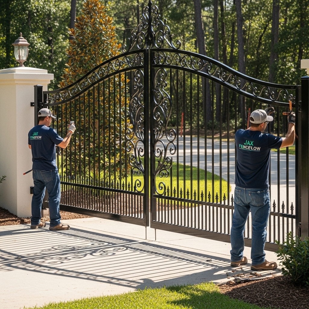 “Two Jax Fenceflow crew members installing a decorative wrought iron fence at a driveway entrance, showing detailed ironwork, professional tools, and high-quality craftsmanship.”