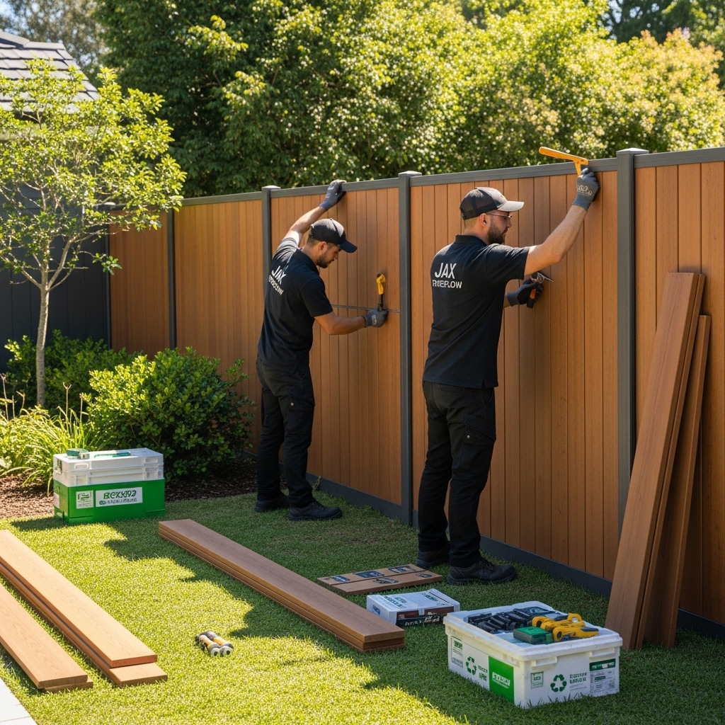 “Two Jax Fenceflow crew members installing a composite eco-friendly fence in a landscaped backyard, showcasing durable recycled materials, realistic wood-grain texture, and professional craftsmanship.”