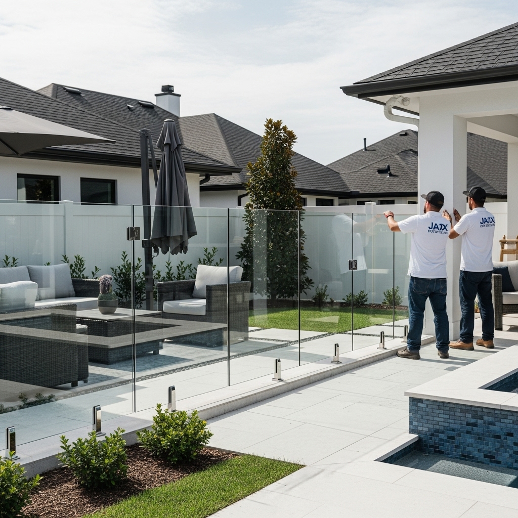 “Two Jax Fenceflow crew members installing a sleek glass fence around a modern pool or patio area, with clean glass panels, metal hardware, and landscaped surroundings highlighting a safe, contemporary design.”