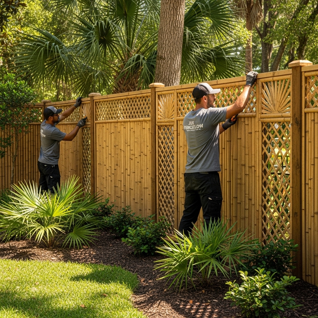 “Two Jax Fenceflow crew members installing a bamboo decorative privacy fence in a lush garden, showing eco-friendly materials, tropical styling, and detailed professional craftsmanship.”