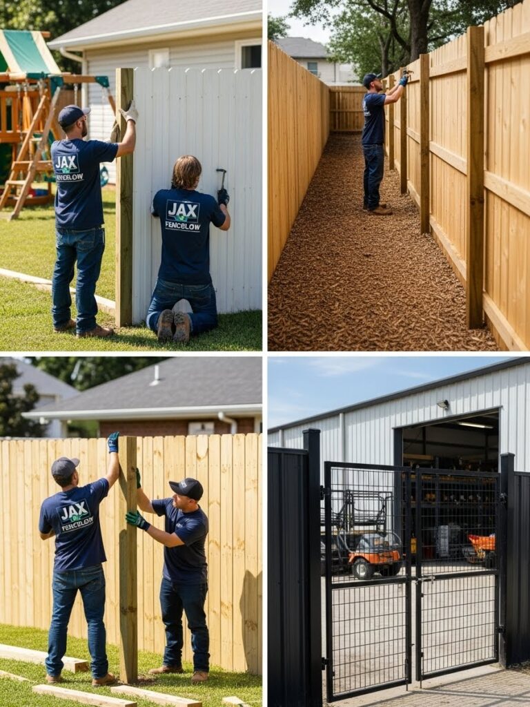 “Jax Fenceflow crew members in uniforms installing and maintaining multiple types of fences—including wood, metal, vinyl, and mesh—at residential and commercial properties, showing professional craftsmanship, secure panels, and freshly finished surfaces.”