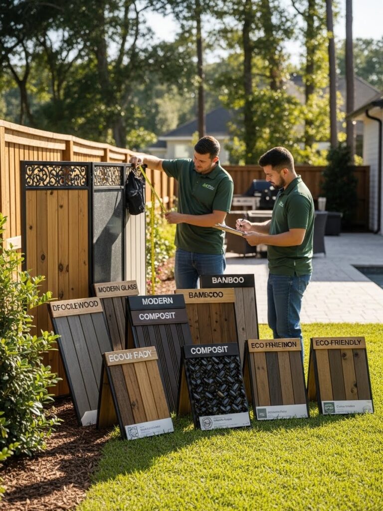 “Two Jax Fenceflow crew members consulting with a homeowner in a backyard, showcasing custom fence design options including wood, glass, bamboo, composite, and wrought iron, with measurements and material samples visible.”