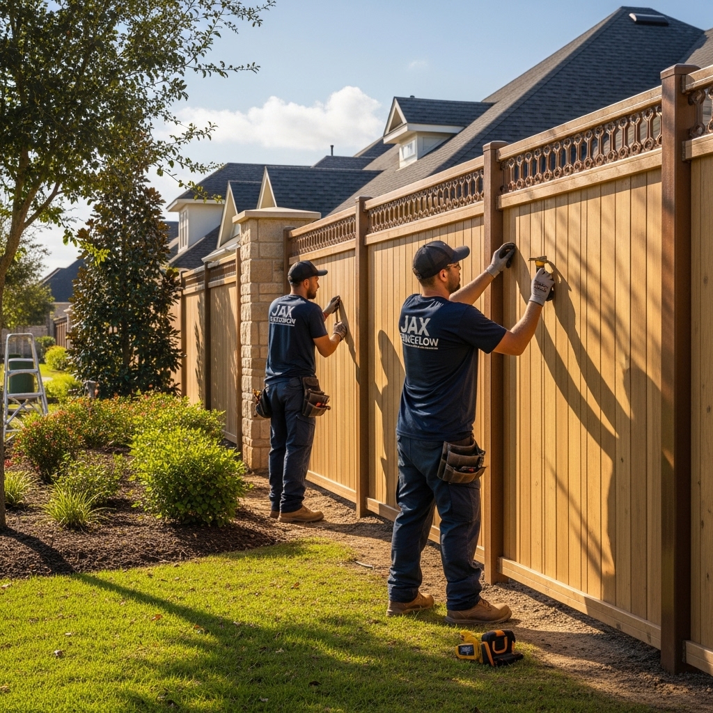 “Two Jax Fenceflow crew members in uniforms installing a premium wooden or metal fence around a residential home, highlighting precise craftsmanship, elegant design, and a well-maintained landscaped yard.”