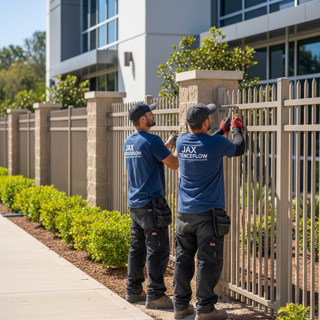 “Two Jax Fenceflow crew members in uniforms installing a premium commercial metal fence at a modern business property, showing precise workmanship and high-quality craftsmanship in a landscaped, sunlit setting.”
