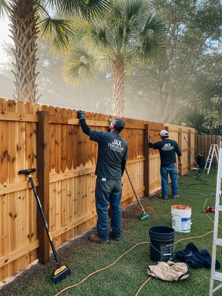 “Two Jax Fenceflow crew members inspecting and sealing a newly built wooden fence made from durable materials like cedar and pressure-treated pine, designed to withstand Jacksonville’s sun, rain, humidity, and pests in a landscaped Florida backyard.”