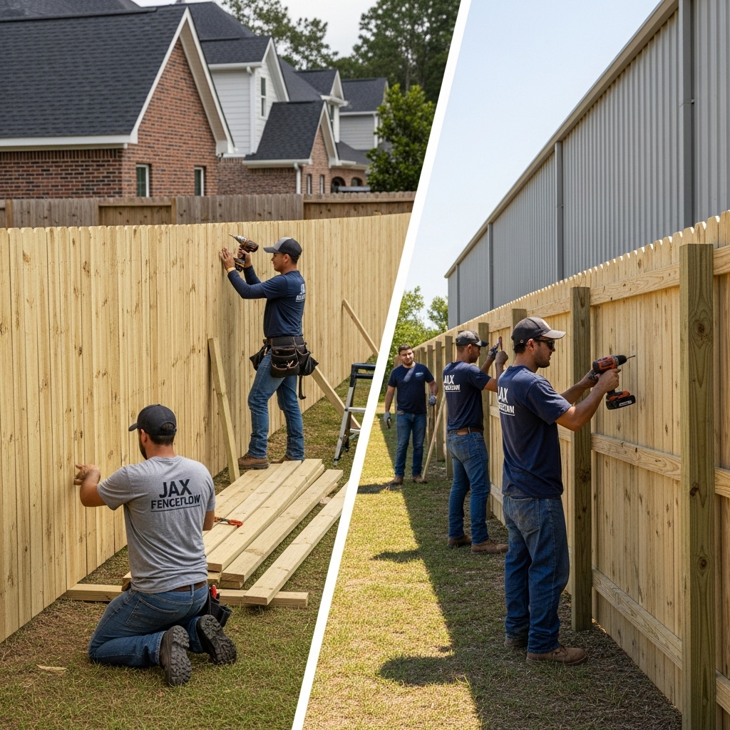 “Jax Fenceflow crew members in uniform installing wood fencing at both a residential backyard and a commercial property, using professional tools and showcasing precise, high-quality craftsmanship.”