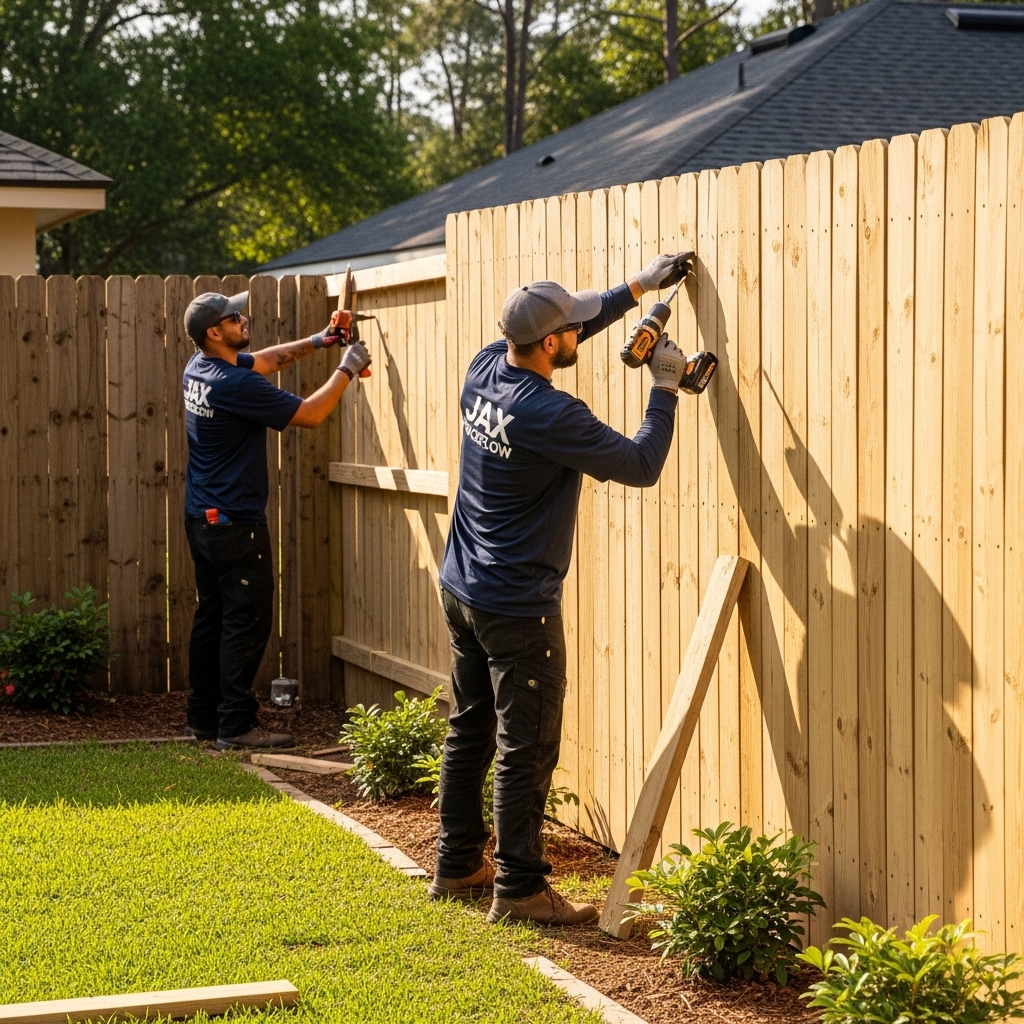“Two Jax Fenceflow crew members in uniforms replacing a wooden fence in a residential backyard, showing worn sections being replaced with new, smoothly installed panels and professional workmanship.”