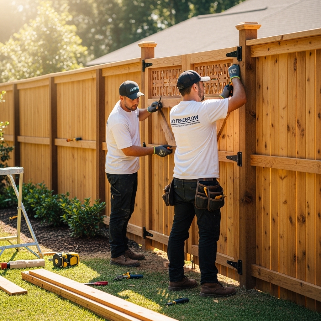 “Two Jax Fenceflow crew members in uniform installing a custom wooden fence and gate in a residential backyard, highlighting smooth finishes, elegant design details, and professional craftsmanship.”