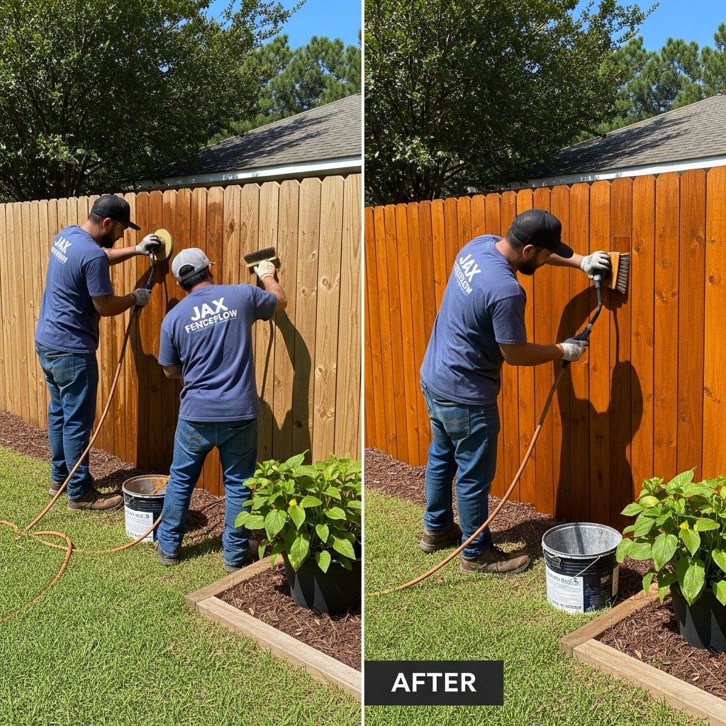 “Two Jax Fenceflow crew members in uniforms restoring and staining a wooden fence in a residential backyard, showing a before-and-after effect with professional tools and craftsmanship.”