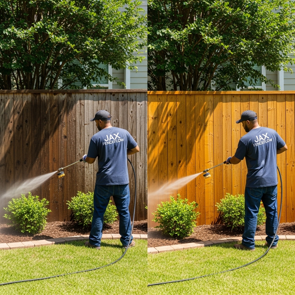 “Two Jax Fenceflow crew members in uniforms cleaning a wooden fence with a pressure washer in a residential backyard, showing a clear before-and-after effect and professional workmanship.”