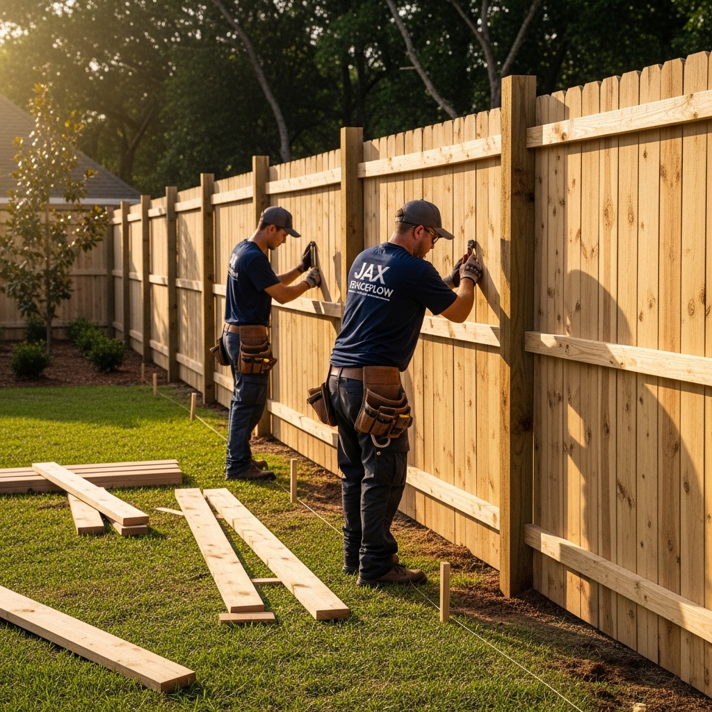 “Two Jax Fenceflow crew members installing a tall privacy wood fence in a residential backyard, using professional tools and showcasing smooth, tightly fitted wooden panels for maximum privacy.”