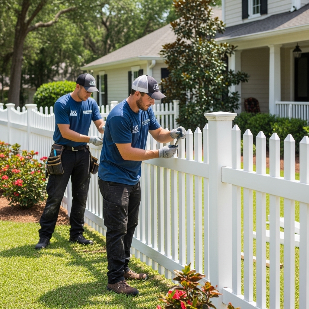 “Two Jax Fenceflow crew members installing a white picket wood fence in a residential yard, aligning panels with professional tools and showcasing clean craftsmanship.”
